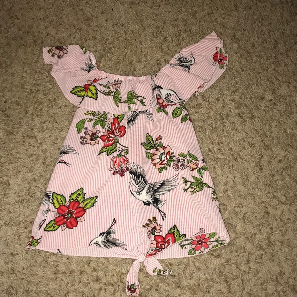 Pink and white striped floral top with birds